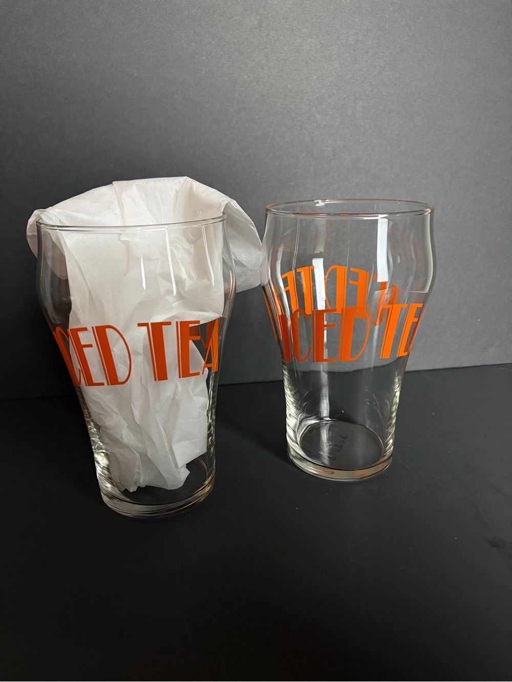 Vintage Giant Groovy Iced Tea Glasses Set Of Two 1970s Retro Orange Lettering